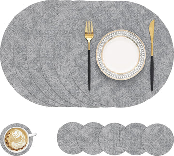 Round Faux Leather Placemat and Coaster 6 Packs, Washable Heat Resistant Dining Place Mats, Wipeable Double-Sided - Set of 6