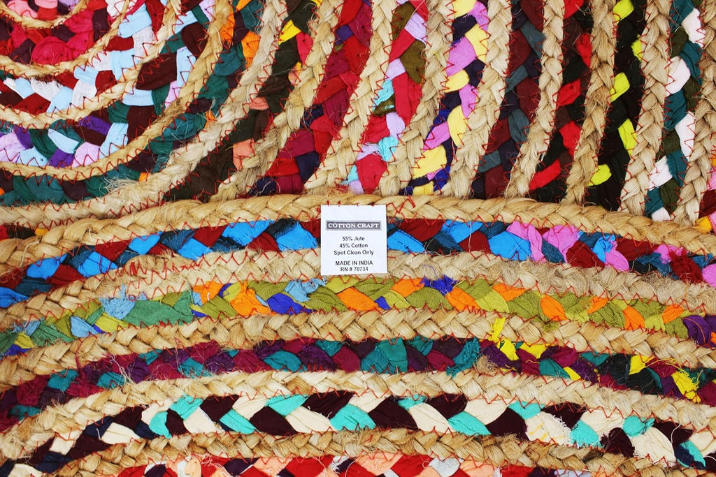 Jute Chindi Braid Rag Rug - 7 Feet Round Multi Color Area Rug | Handwoven Reversible Jute & Natural Recycled Cotton