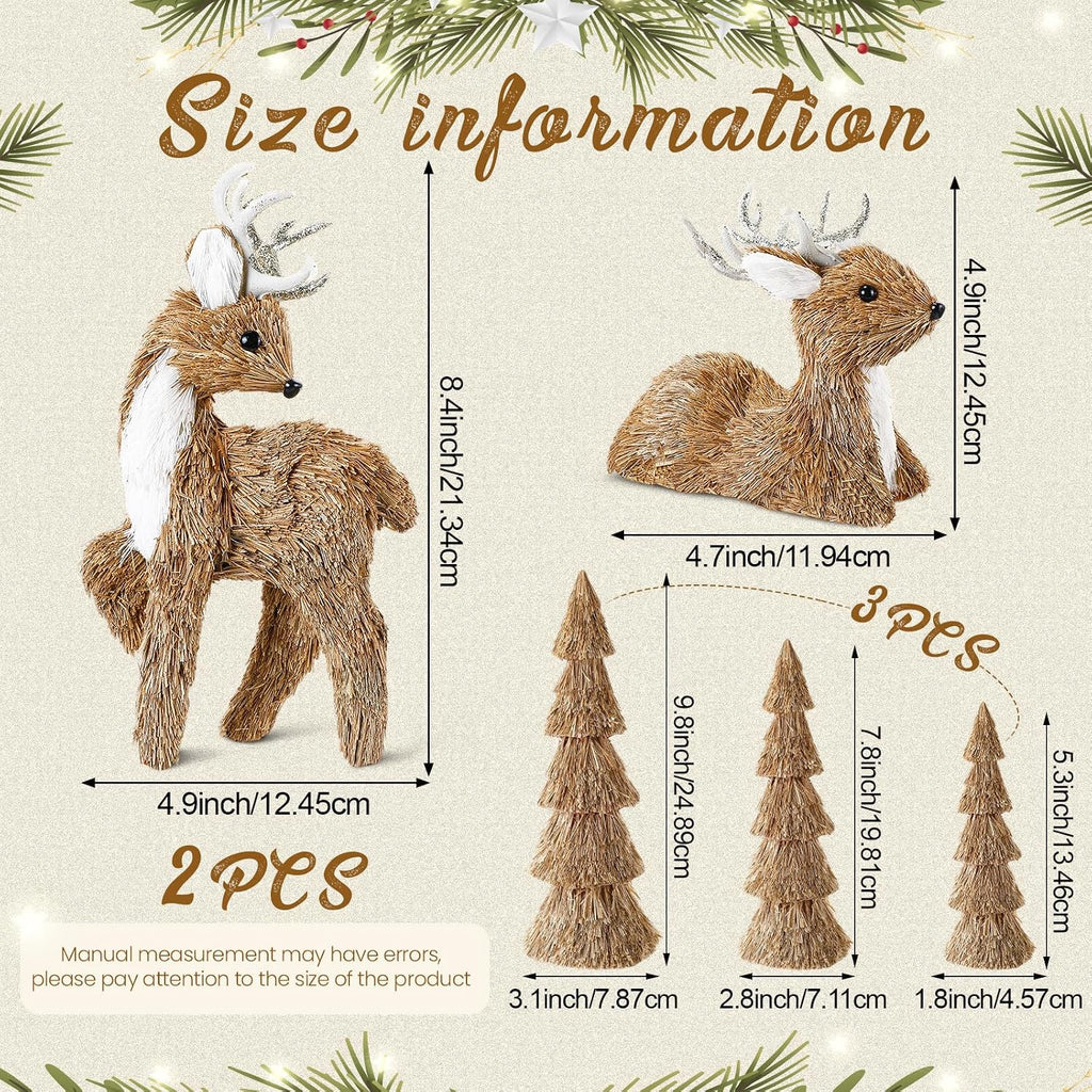 5 Pcs Christmas Sisal Reindeer Tree Centerpieces Table Fireplace Decor Christmas Deer Figurines Rustic Woodland