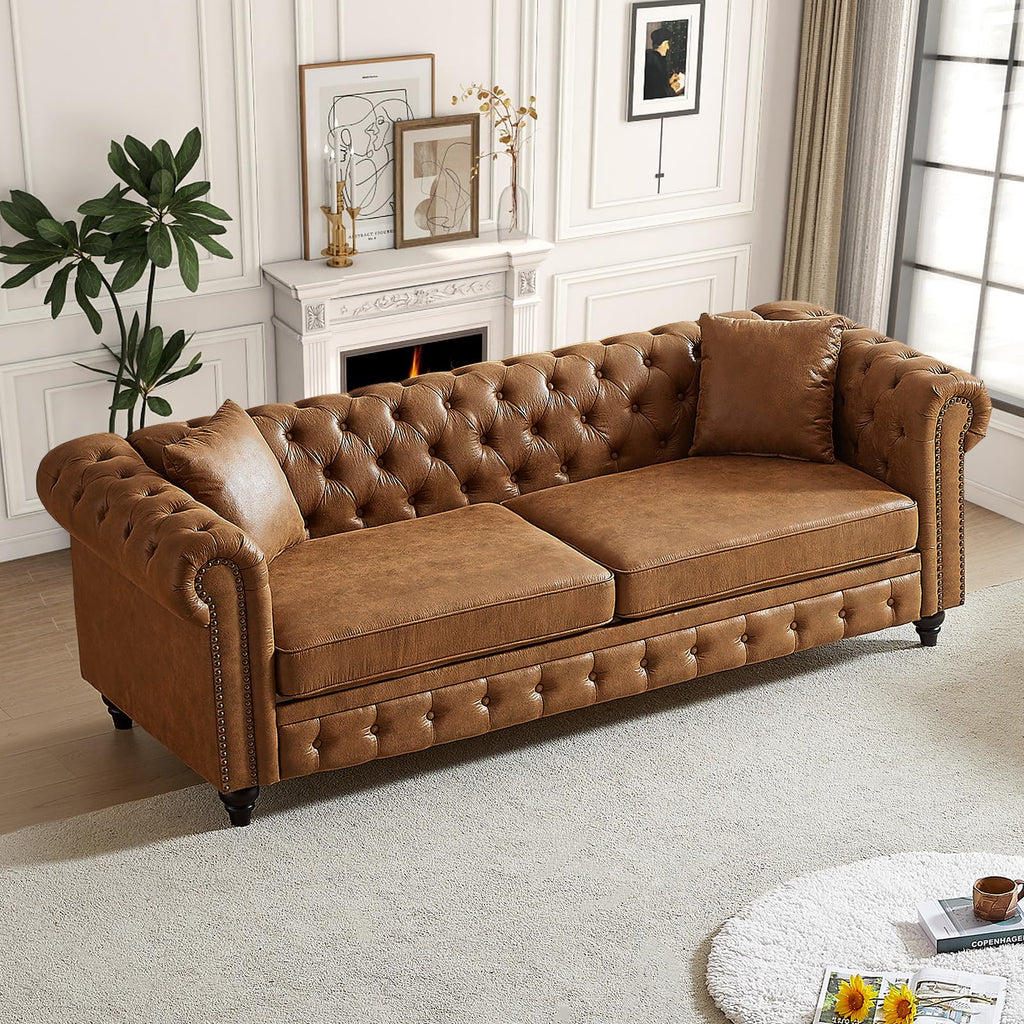 Chesterfield Sofa, 3 Seater High-Tech Fabric Couch with Pillows & Button Tufted Back, Mid Century Modern Couch with