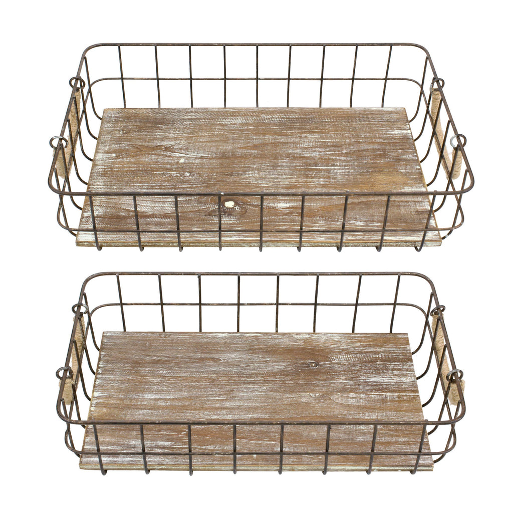 Stackable 2pc Rectangle Metal Wire and Wood Basket Set with Rope Wrapped Handles, Rustic Decor Storage, Decorative