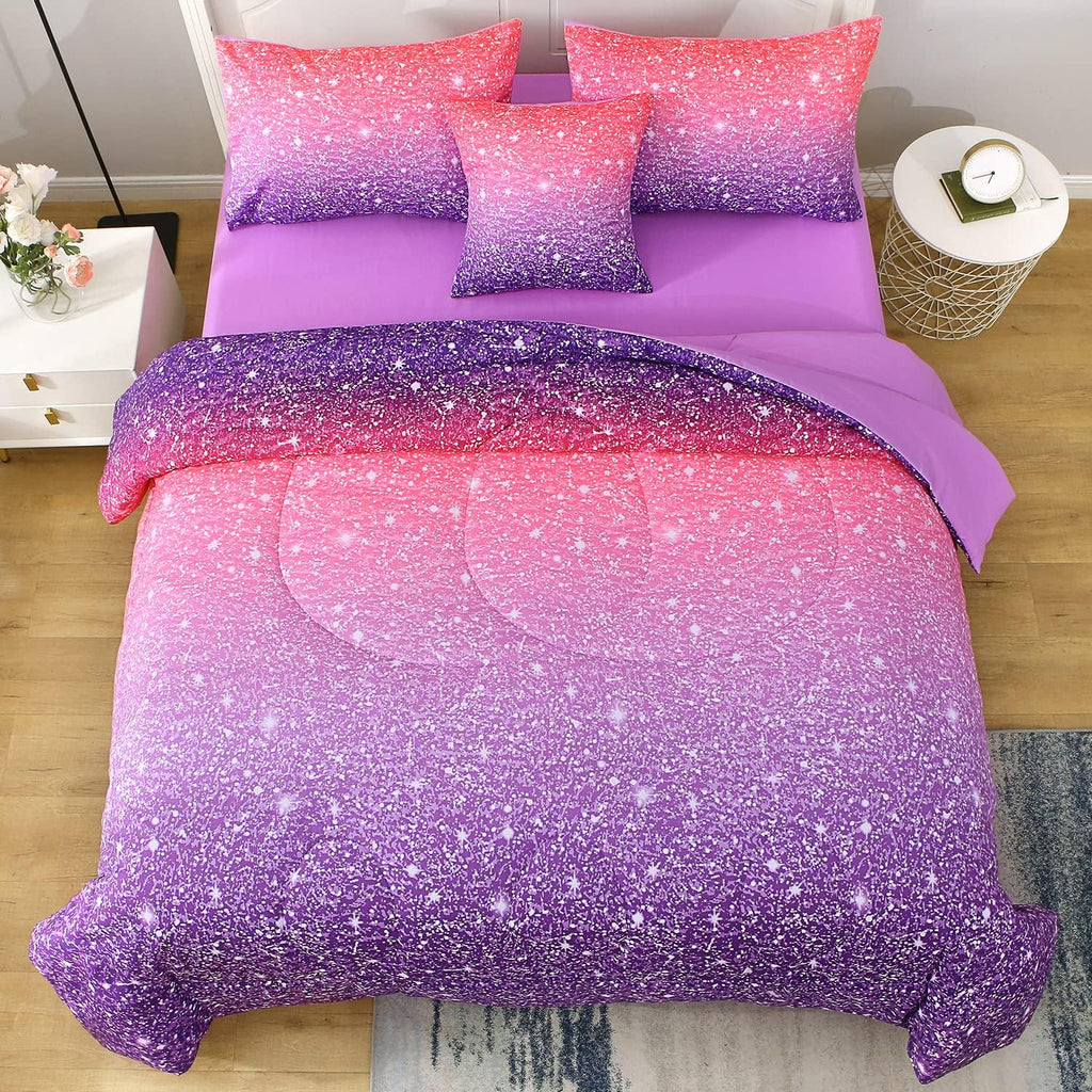 Twin Pink Comforter Set, 6 Piece Bed in A Bag 3D Colorful Bedding Set for Girls Kids (1 Comforter,2 Pillowcases,1