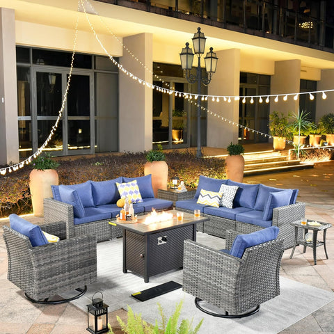 11 Piece Outdoor Patio Furniture Set with Fire Pit Table,Conversation Sectional Wicker Couch with Swivel Chairs,Modern