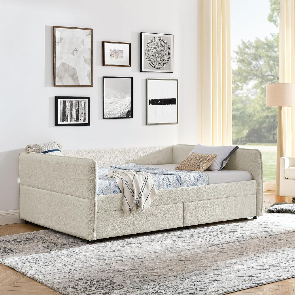 Queen Size Boucle Upholstery Daybed with 2 Drawers, Modern Style Tufted Corner Sofa Bed Frame with Solid Wooden