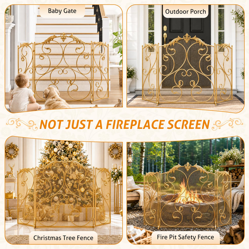 Fireplace Screen Gold 50x32 Inch Folding 3 Panel Fireplace Screen