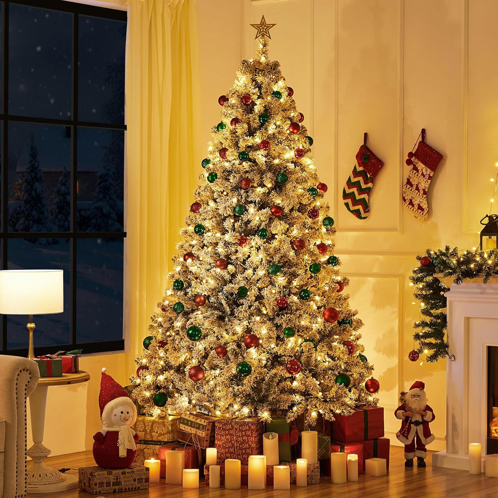 7.5ft Pre-lit Spruce Artificial Christmas Tree Snow Flocked Hinges Tree with 550 Multicolor LED Lights & 1284 Branch