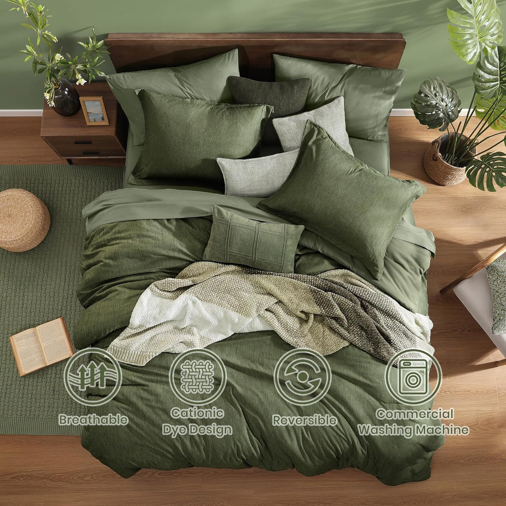 Monbix King Comforter Set, Olive Green King Bed Set Reversible, King Comforter Set 7 Pieces