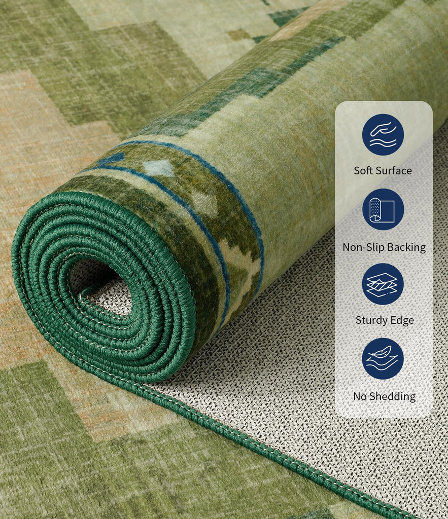 Washable Green Mid Century Modern Area Rug