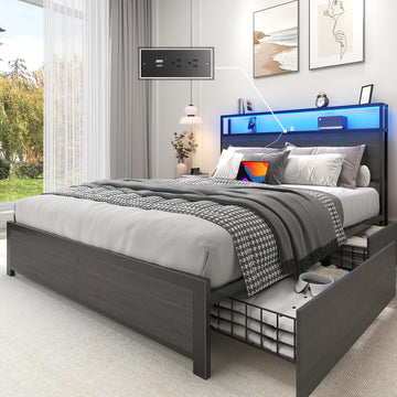 Bed Frame with 2-Tier Storage Headboard, Metal Platform Bed Frame with 4 Storage Drawers, Built in Charging