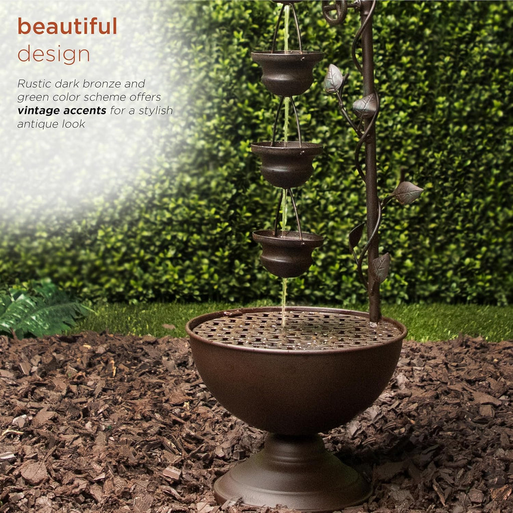 MAZ254 Outdoor Floor Tiered Vintage Water Fountain w/ 6 Hanging Cups, Soothing Tier Waterfall, 38", Bronze