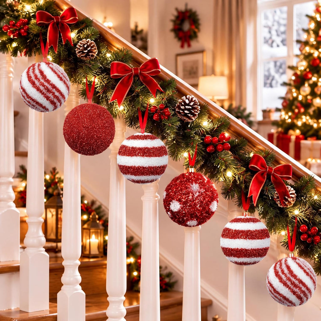 6 Pcs Jumbo 6 Inch Christmas Ball Ornaments Tinsel Balls, Candy