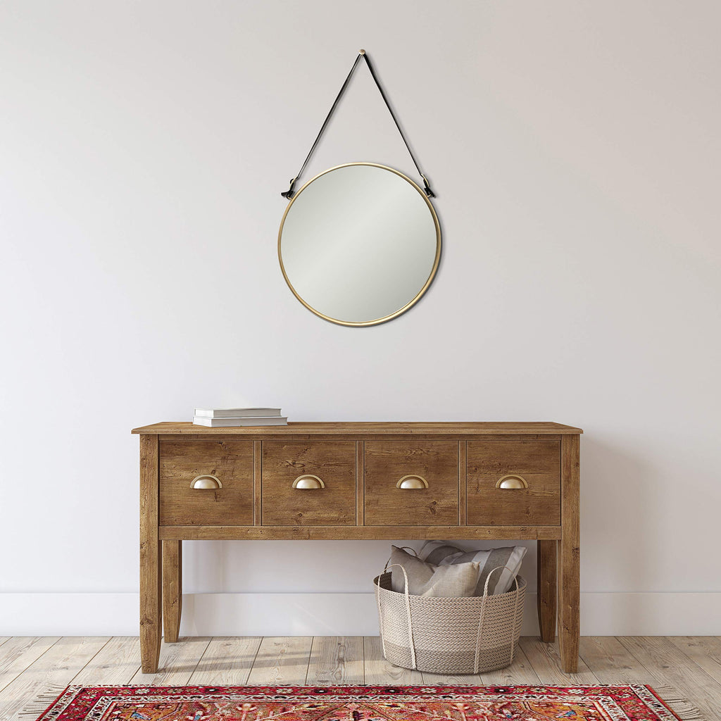 Round Metal & MDF Hanging Wall Mirror with Buckle Strap, Brushed Brass Finish