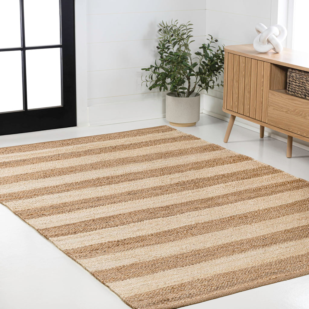 Jayden Woven Jute Stripe Natural/Bleach Indoor Area Rug, Rustic, Farmhouse, Traditional, Lodge, Easy-Cleaning