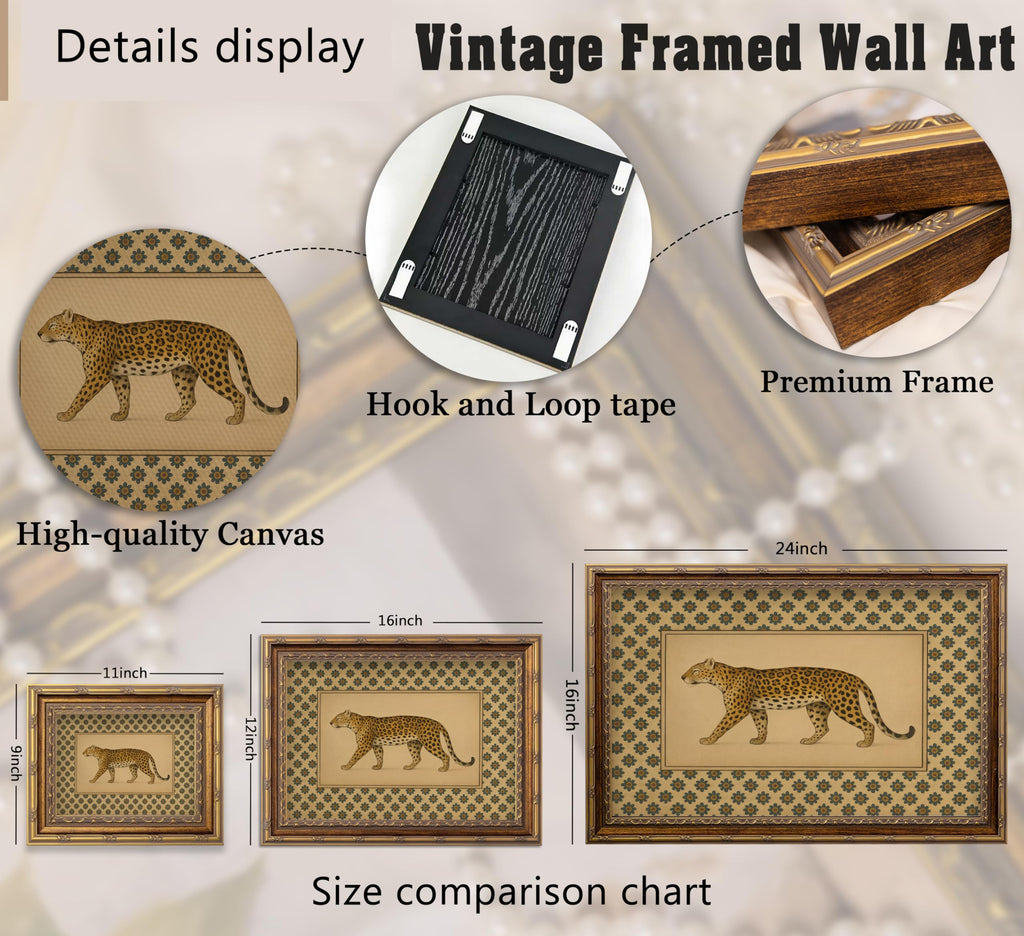 Vintage Gold Framed Leopard Wall Art, Antique Botanical Animal Canvas Print, Floral Pattern Background Wall Decor