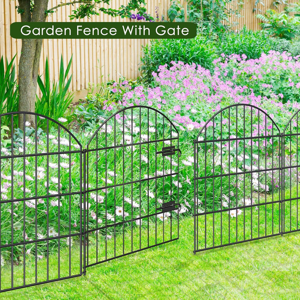 Metal Garden Fence with Gate 28in (H) x 37.3ft (L), 1 Gate + 15 Panels Dog Fences Border Fence Animal Barrier, No Dig