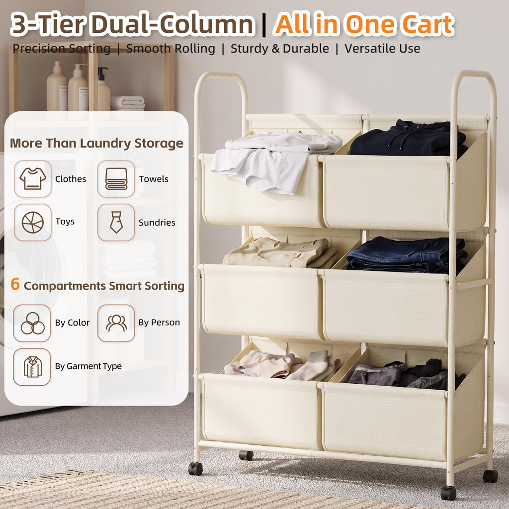3-Tier Double Column Vertical Rolling Laundry Hamper, 6 Removable Bags