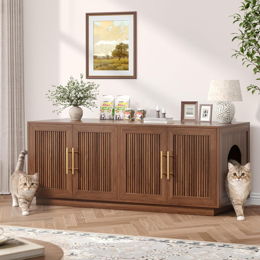 Fluted Cat Litter Box Enclosure Furniture, Cat House for 2 Cats