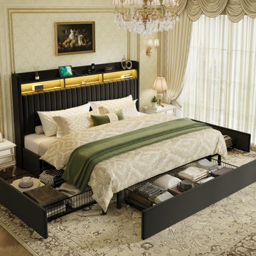 King Upholstered Platform Bed Frame with 3 Spacious Storage Drawers, Built-in LED Lights & Charging Station, Vertical