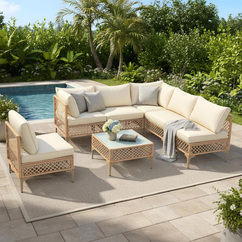 7-Piece Wicker Outdoor Patio Furniture Set | Beige with Thick Cushions for Backyard, Garden & Porch