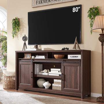 Farmhouse TV Stand, Entertainment Center with Storage, Walnut TV Console, Media Storage Cabinet with Sliding Barn