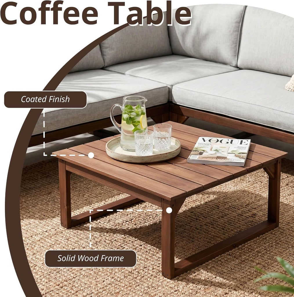 4 Piece Wood Patio Furniture, L-Shaped Outdoor Sectional Sofa Set with Coffee Table, Conversation Set with Built-in