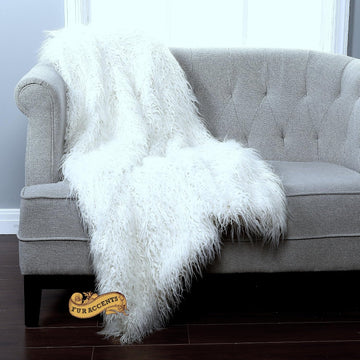 White Mongolian Sheepskin Throw Blanket Luxury Faux Fur Shag Minky Cuddle Fur Lining (5'x6')