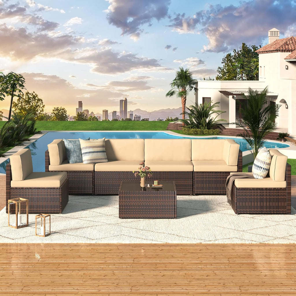 7 Piece Outdoor Patio Furniture Set, PE Rattan Wicker Sofa Set, Outdoor Sectional Furniture Chair Set with Cushions