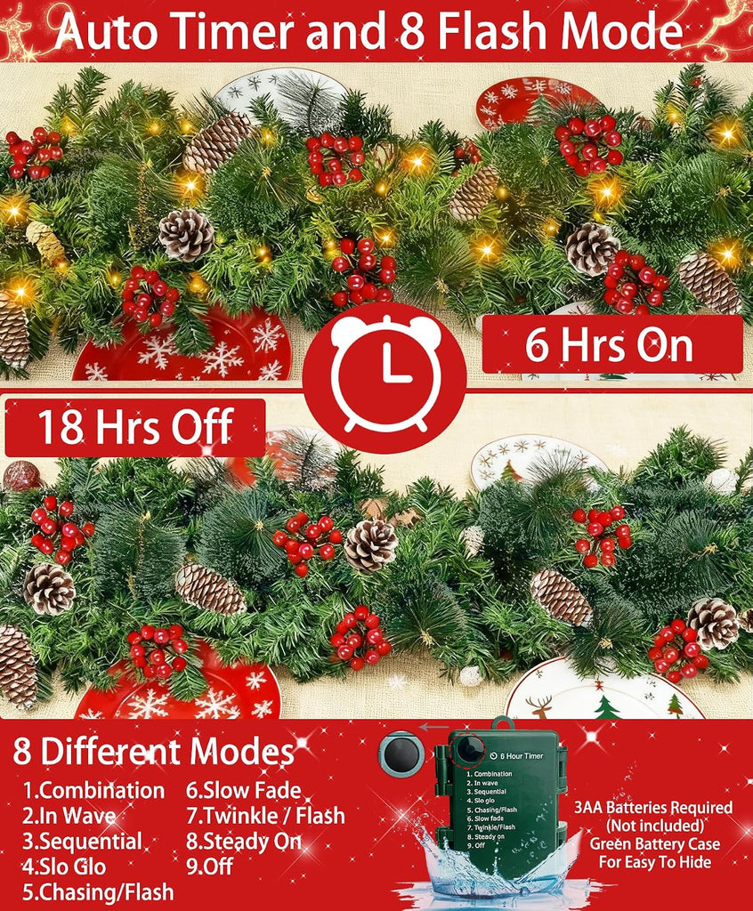 Timer & 8 Modes-9 Ft by 10 Inch Christmas Garland Decorations 50 Warm White Lights Lighted 270 Branch 70 Red Berries