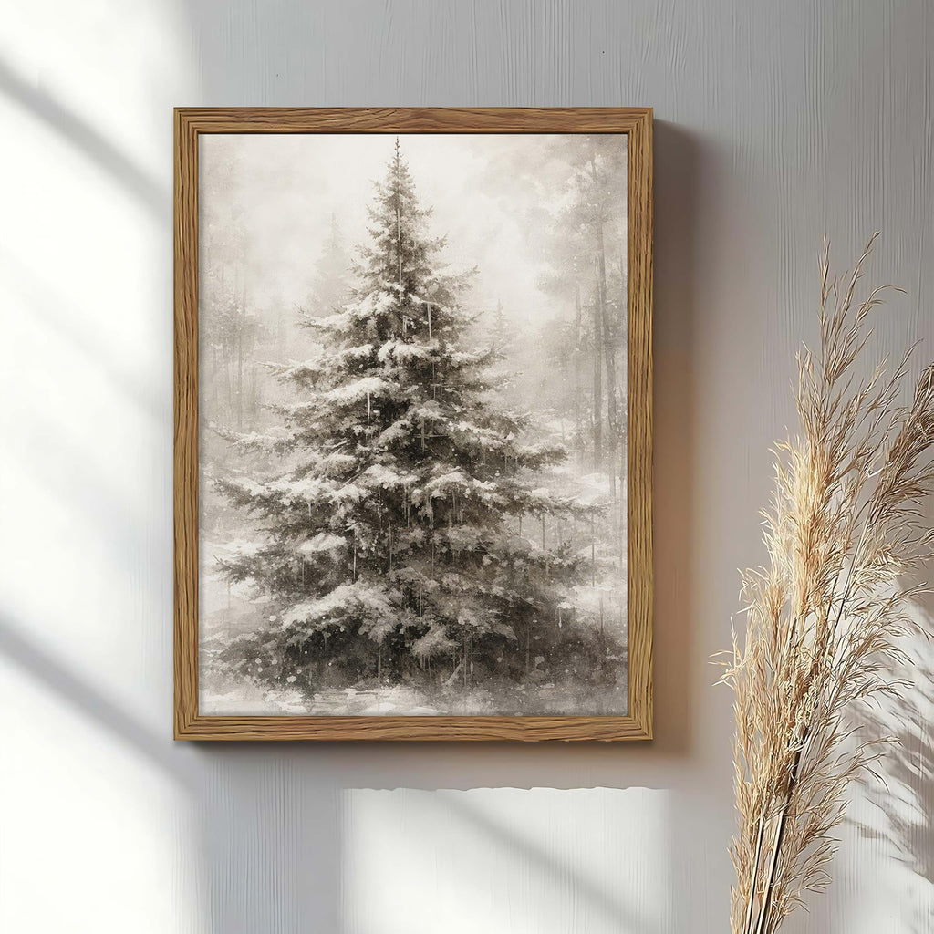 Framed Vintage Christmas Tree Wall Art, Rustic Farmhouse Pine Tree Canvas Wall Decor Paintings, Winter Snowy