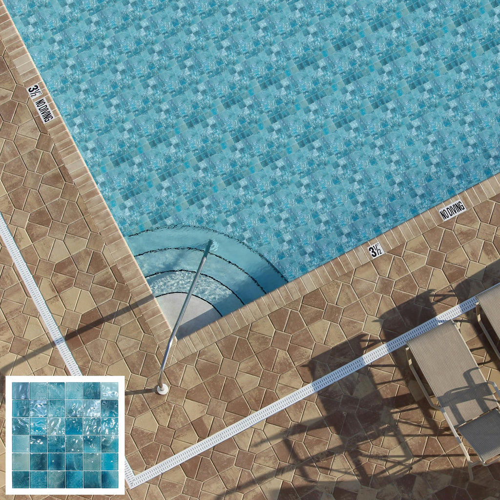 Glass Mosaic Pool Tiles Backsplash, 12" x 12" Aqua Blue 3D Wave Texture Square Tiles for Swimming Pool Accent Wall