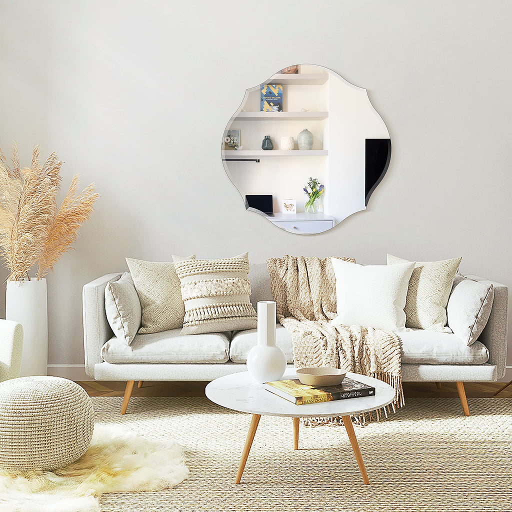 27x27 Scalloped Round Wall Mirror Beveled Frameless Mirror Silver Wall Mirror with MDF Backplane, Vanity, Bedroom or