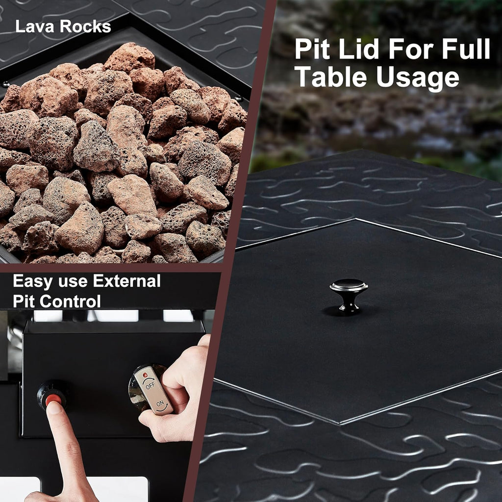 Propane Fire Pit, 30 Inch Outdoor Gas Fire Table, 50,000 BTU Square Firepit with Lid and Lava Rock