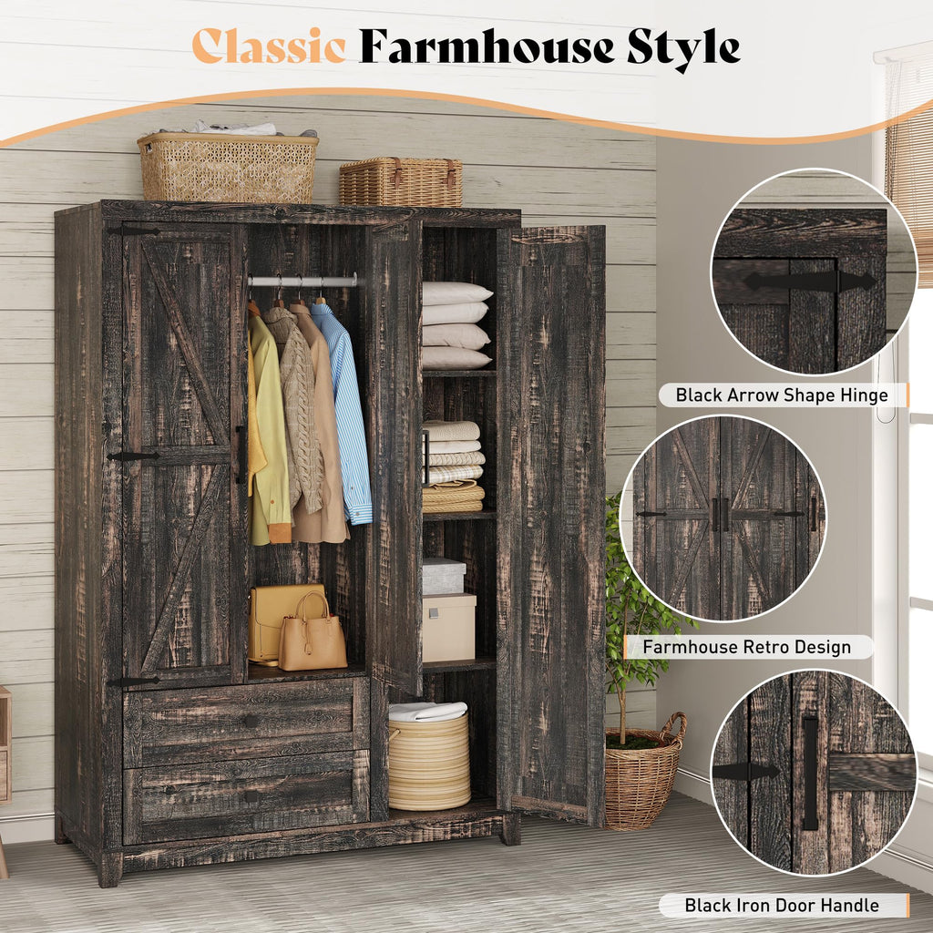 Farmhouse 3 Door Wardrobe Closet with 2 Drawers & Hanging Rod