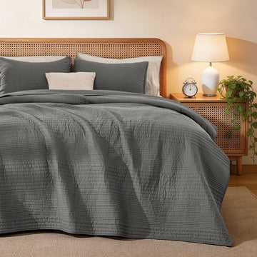 Cotton Quilt Set, 100% Cotton Fabric Striped Textured Coverlet with Crinkled Look, Lightweight Quilted