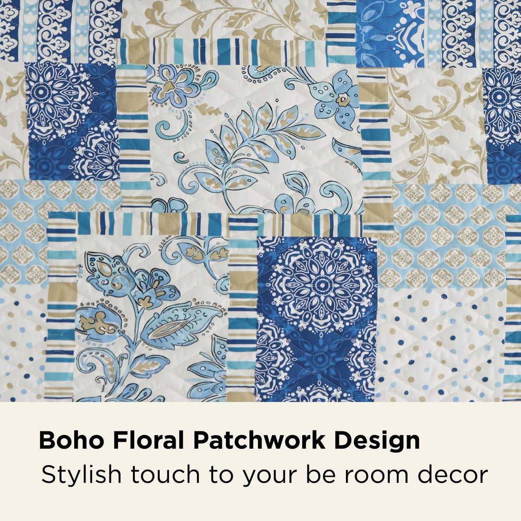 Patchwork Quilt, Reversible Boho Comforter Bedding, Blue
