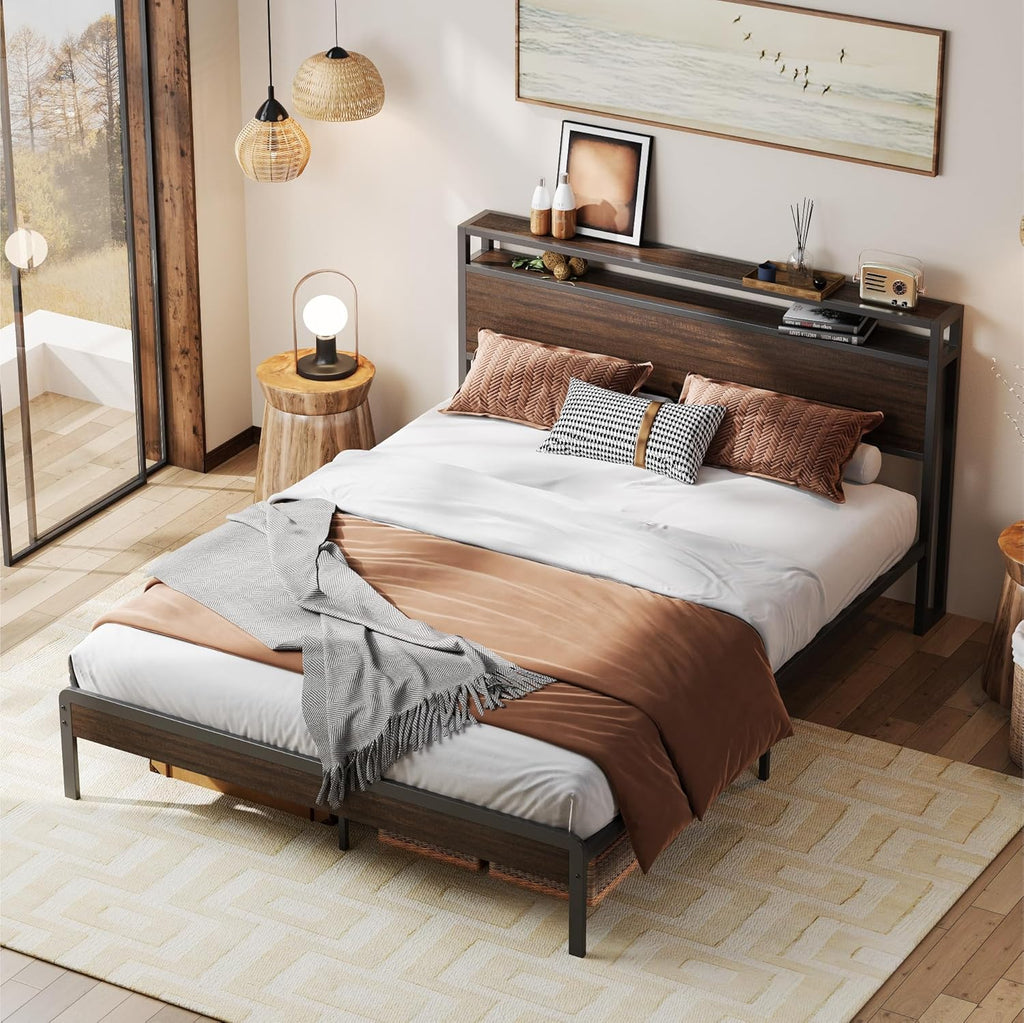 Queen Bed Frame with Headboard, Dark Wood Camas Queen with Strong Supports, Sturdy, Noise-Free, No Box Spring Needed