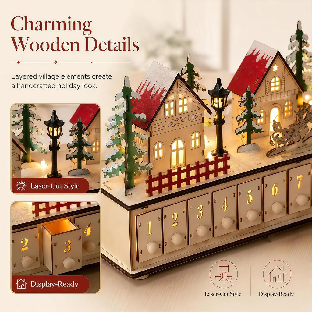 32 inch Light-Up Wooden Christmas Village Advent Calendar with 24 Drawers