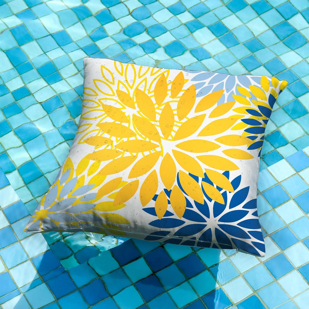Yellow Blue Flower Pillow Covers 18x18 Inch Set of 2 White Gray Colored Throw Pillows Outdoor Waterproof Decor