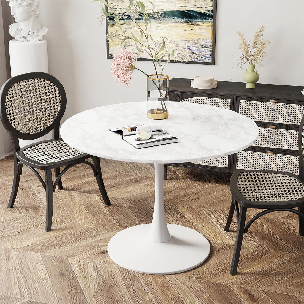 Inspired Saarinen Style Tulip Round Pedestal Dining Table — White Marble Top, 39.1″ Round
