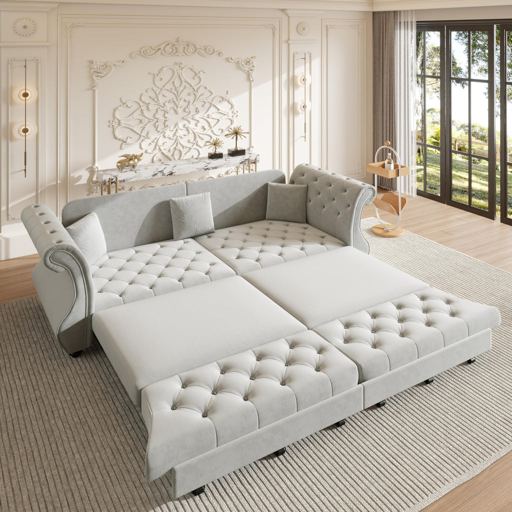 Sleeper Sofa Bed 97.6", Velvet Pull Out Couch, Chesterfield Sofa, Gray