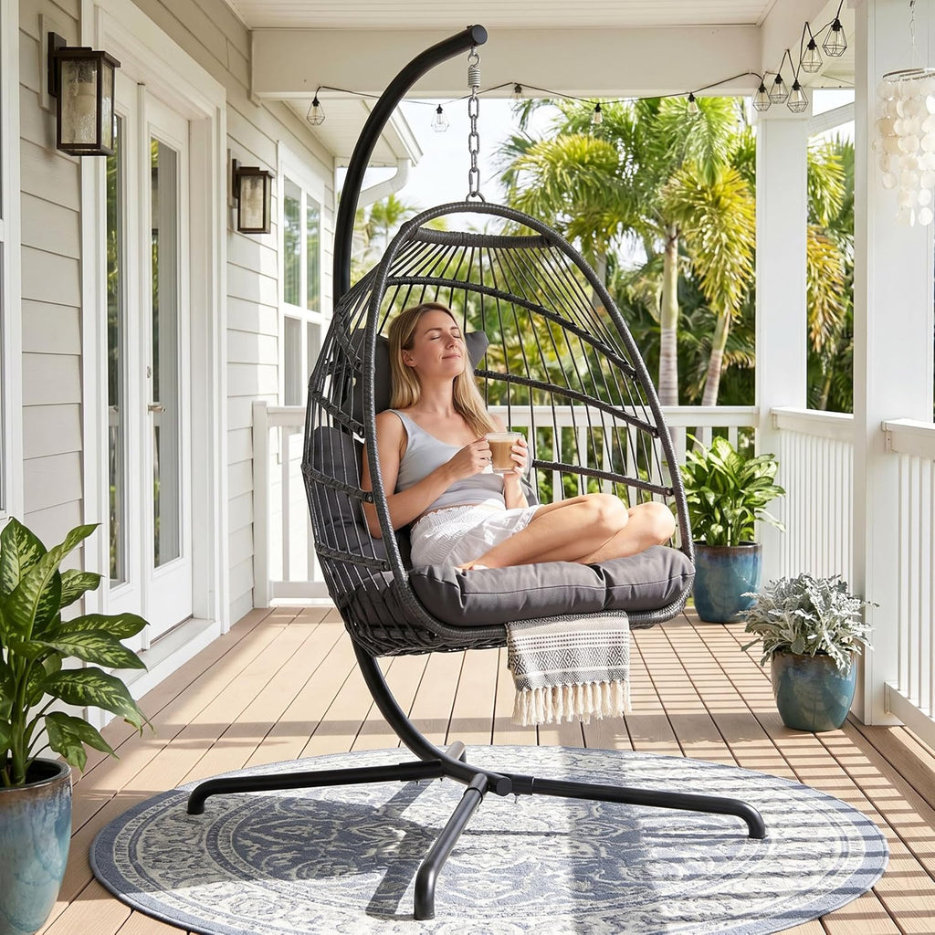 Outdoor Hanging Egg Chair with Stand, Foldable Egg Swing Chair | 350 lbs Heavy Duty, Dark Gray, Wicker Hanging Egg