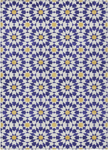 5' X 8' Navy Blue and Ivory Floral Medallion Washable Indoor Outdoor Area Rug