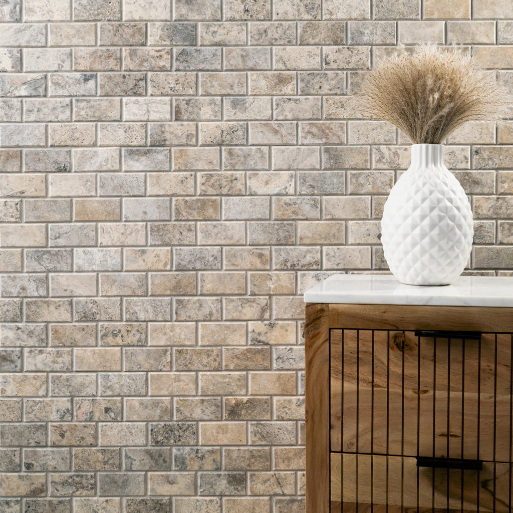 Travertine Mosaic Tile | Silver Travertine and Beveled | 12" x 12"