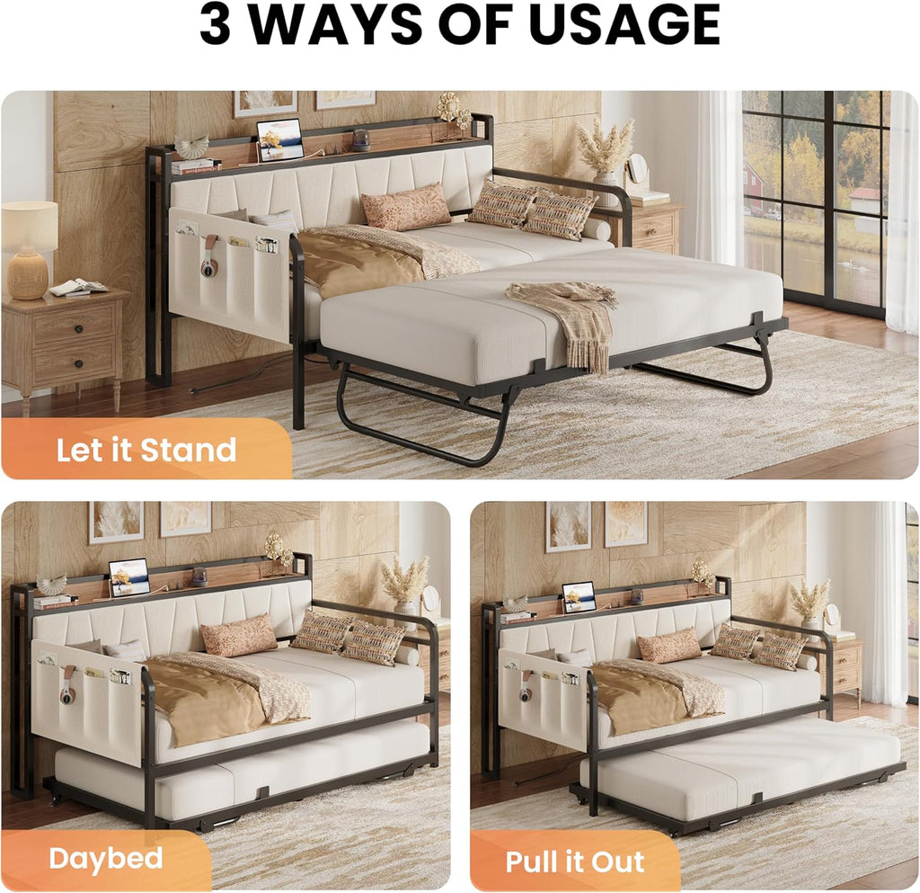 Twin XL Daybed, Day Bed Frame with Pop Up Trundle, Beige | Pop Up Trundle Bed with Smooth Wheels, Charging Station