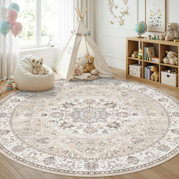 Washable 8ft Round Area Rug - Living Room Oriental Non Slip Soft Rugs Indoor Low Pile Stain Resistan