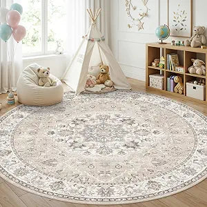 Washable 8ft Round Area Rug - Living Room Oriental Non Slip Soft Rugs Indoor Low Pile Stain Resistant Carpet Dining