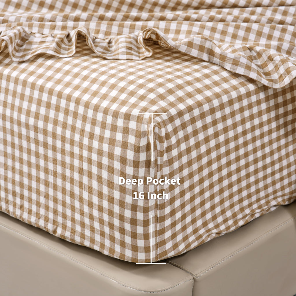 Plaid Ruffle Sheets Full Size 4-Piece Set, 100% Cotton Checker Sheet Set 16'' Deep Pocket Farmhouse Gingham