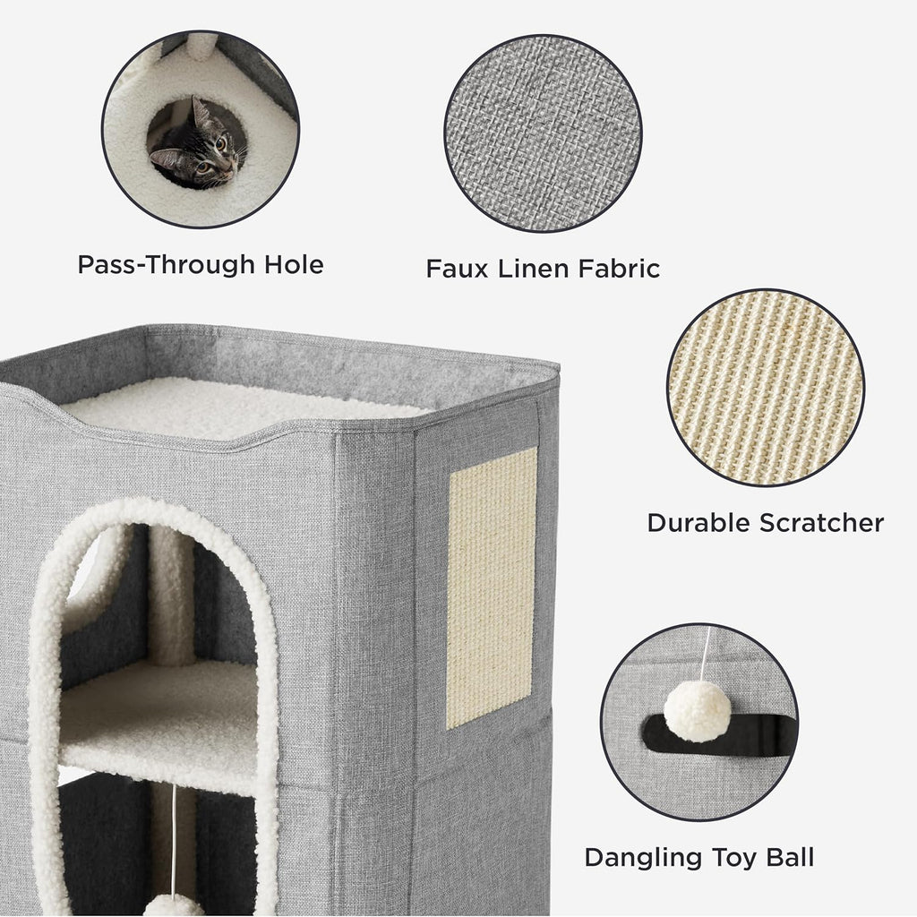 2 Story Cat House for Indoor Cats with Scratch Pad, 18x14x23 Grey
