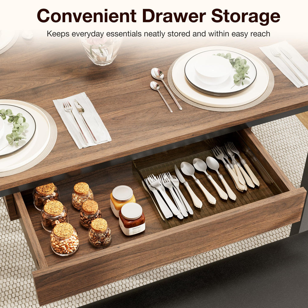 43.3" Dining Room Table Set for 4, Drawer, 2 Chairs & Bench, Walnut