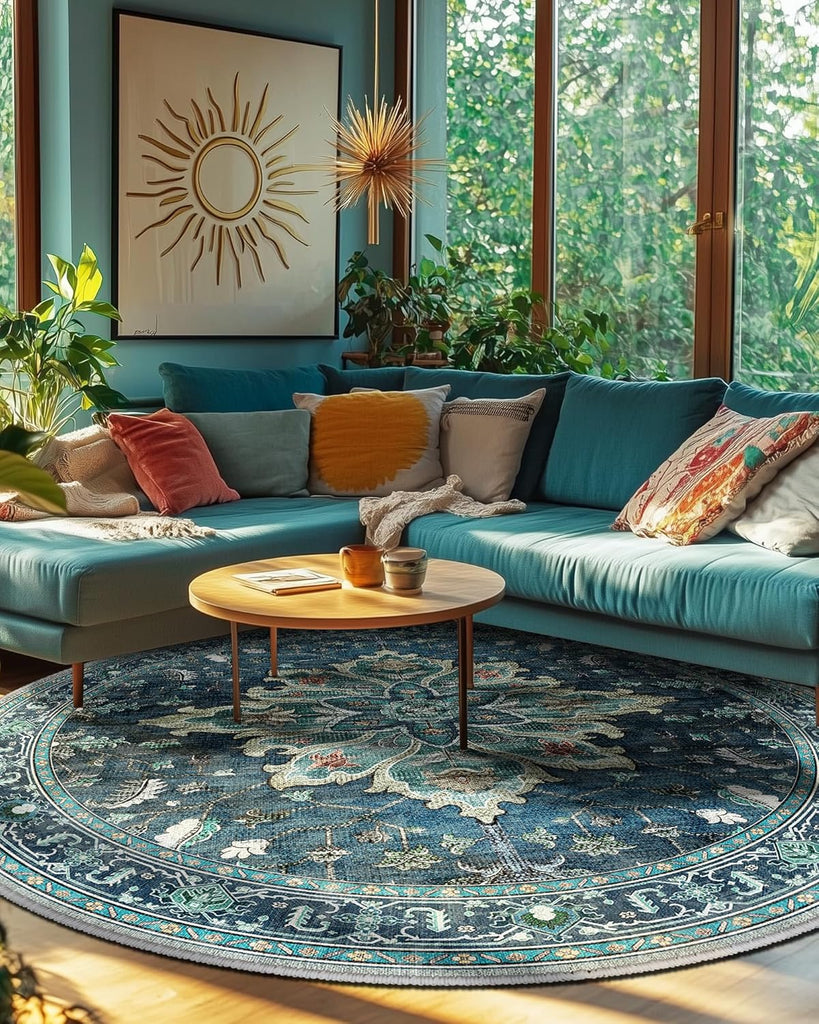 Area Rugs Washable Non-Slip, Floral Vintage Distress Print Pattern Medallion Carpet for Living Room Bedroom